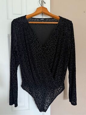 Express Black Leopard-Print Faux-Wrap Long-Sleeve Bodysuit